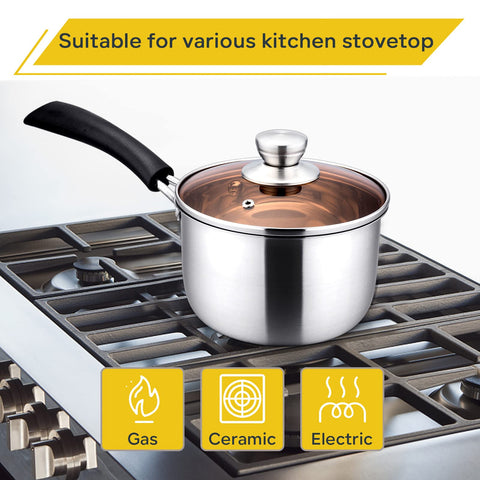 E-far stainless steel saucepan on counter, dishwasher safe