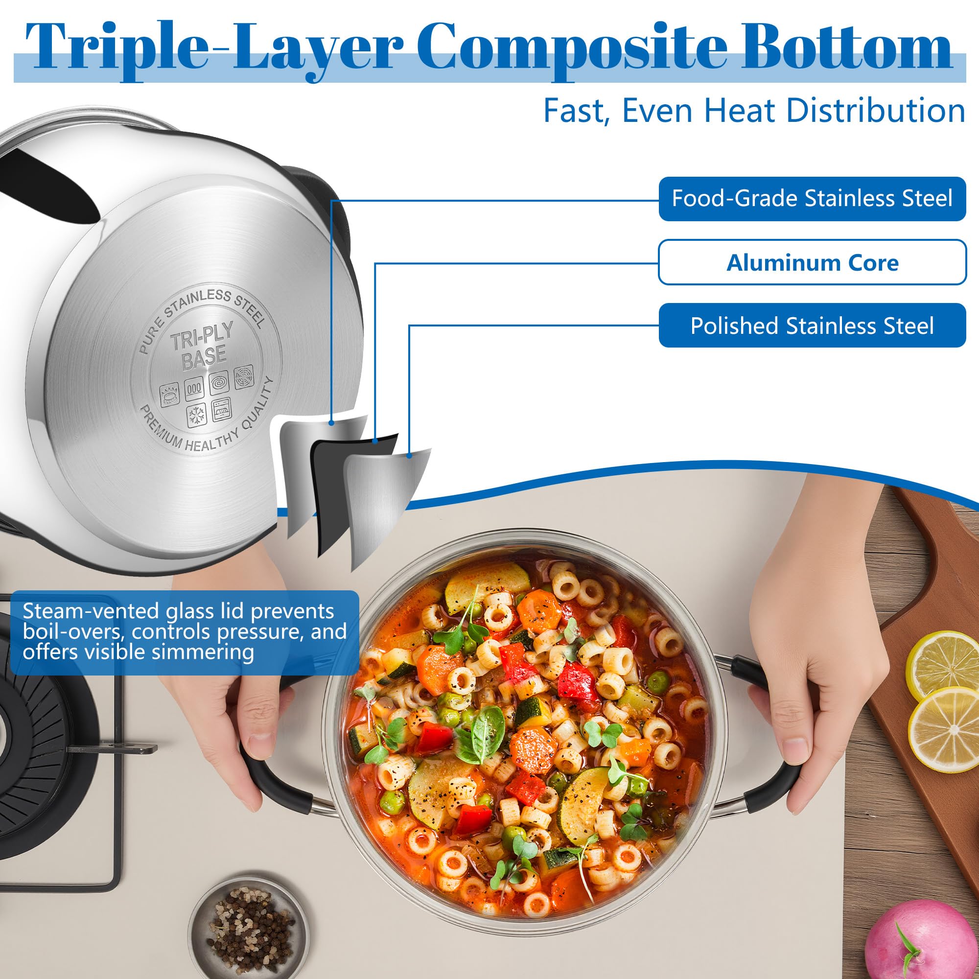 E-far tri-ply base stock pot promotes even heating and faster cooking.