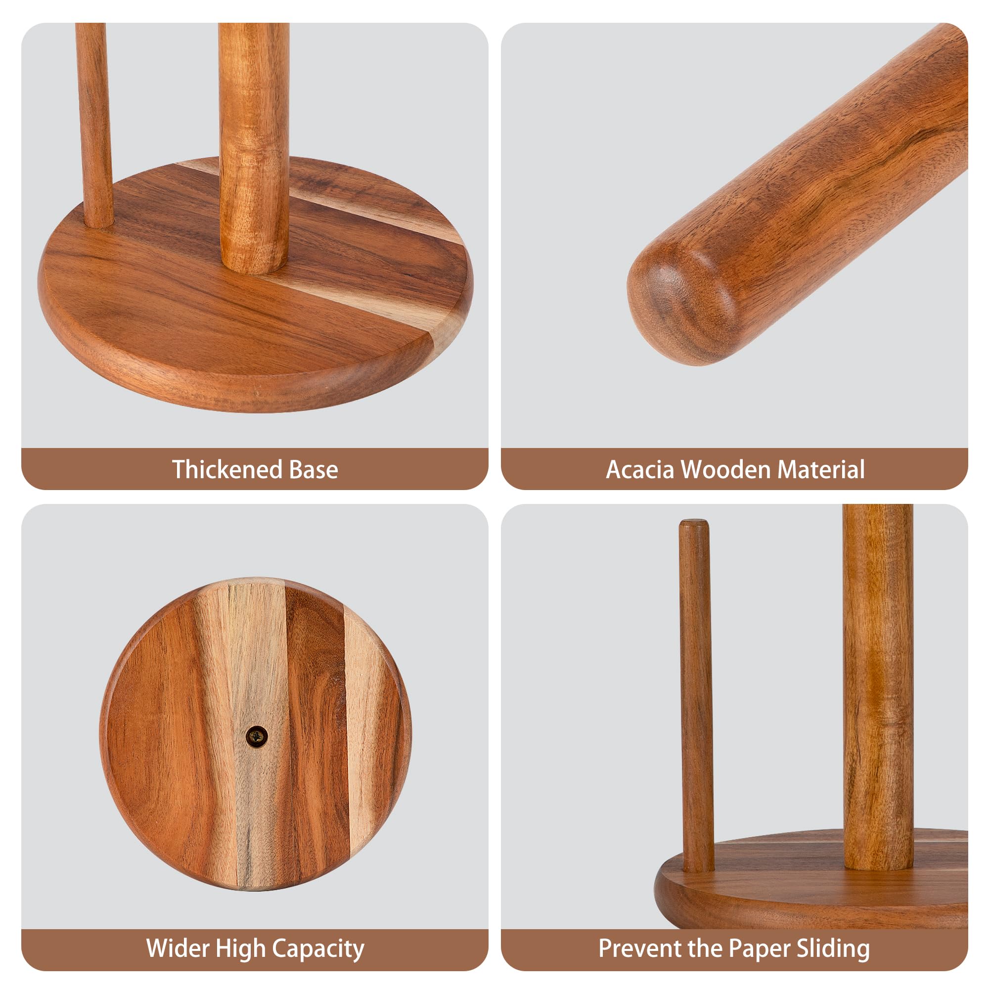 E-ROOM TREND Acacia wood paper towel holder assembly step shows tool-free setup for quick use