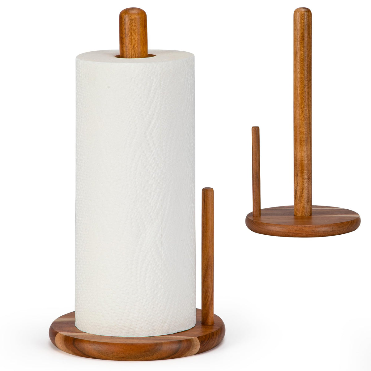 E-ROOM TREND Acacia wood paper towel holder front view with stable base for easy access