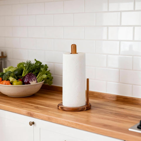 E-ROOM TREND Acacia wood paper towel holder space-saving design in kitchen corner