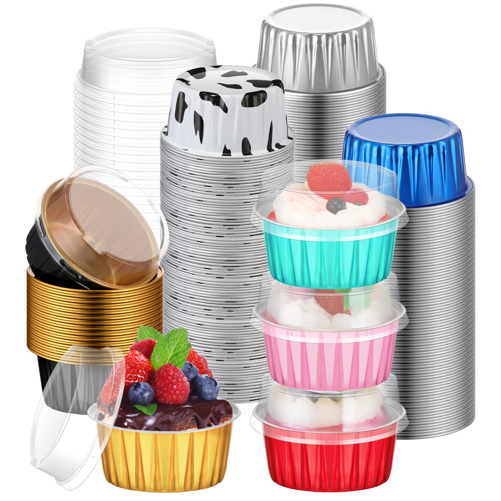Eaasty 120-piece aluminum cupcake cups with lids in multicolor, ideal for bake-and-serve desserts.