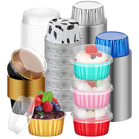 Eaasty 120-piece aluminum cupcake cups with lids in multicolor, ideal for bake-and-serve desserts.
