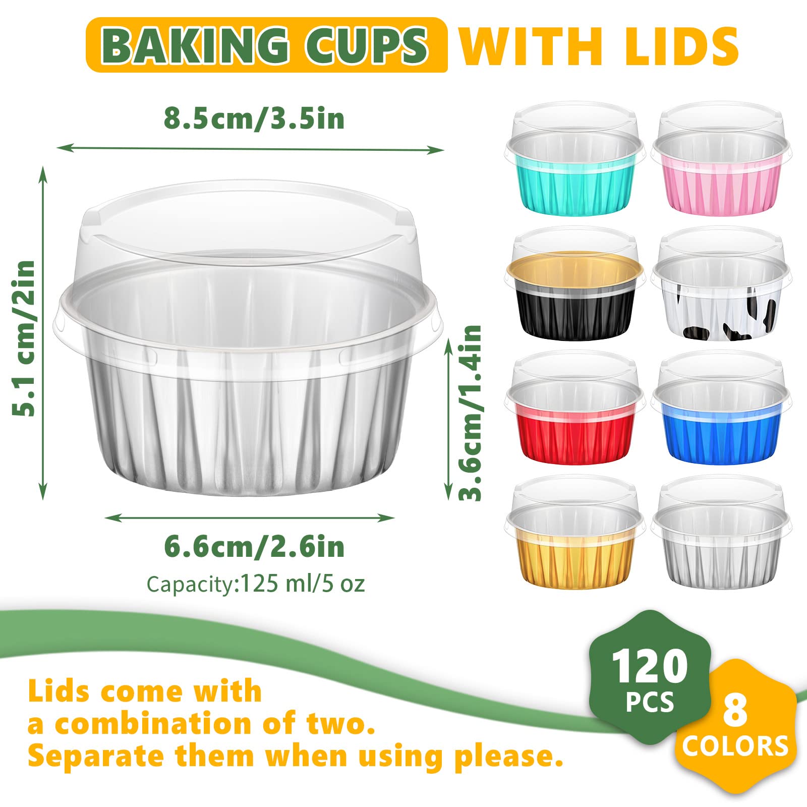 Eaasty 5 oz aluminum muffin liners with black-gold color lids, leak-resistant.