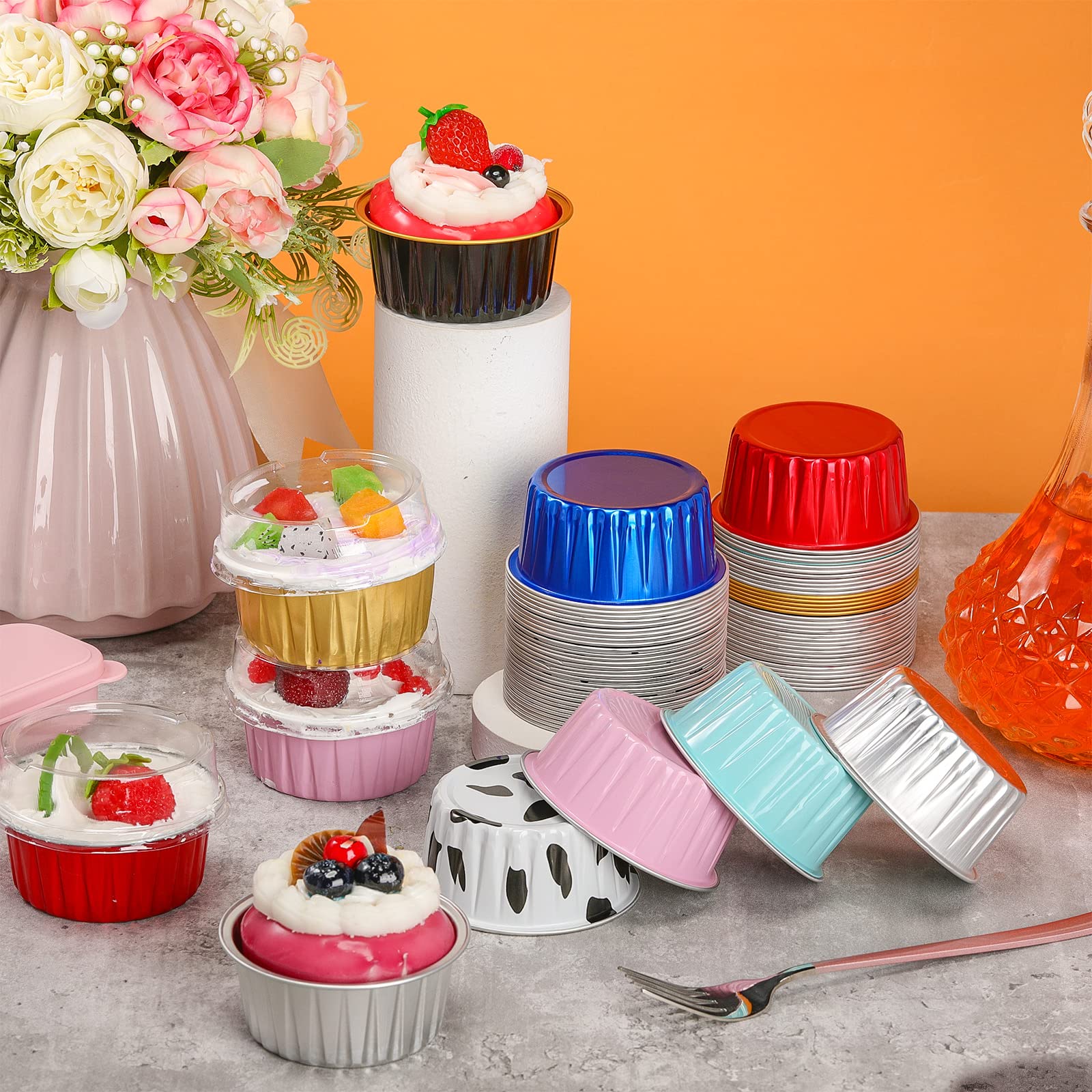 Eaasty dark pink aluminum baking cups with lids, party-ready.