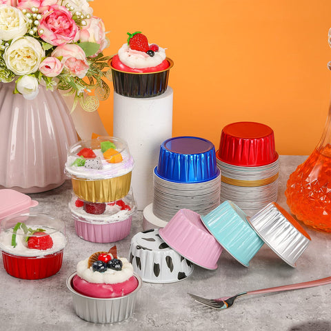 Eaasty dark pink aluminum baking cups with lids, party-ready.