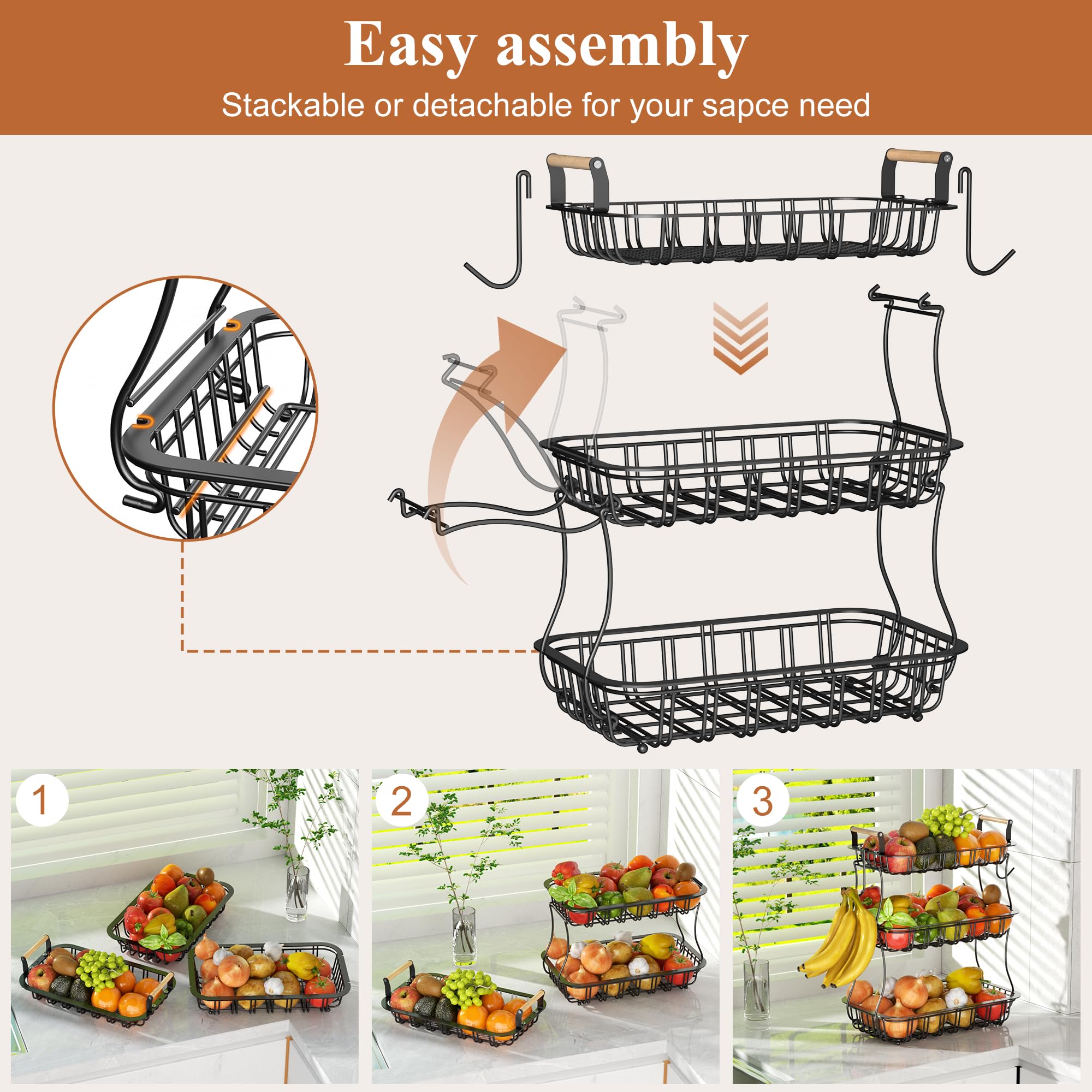 EACONPT detachable fruit basket stackable for flexible use and easy cleaning.