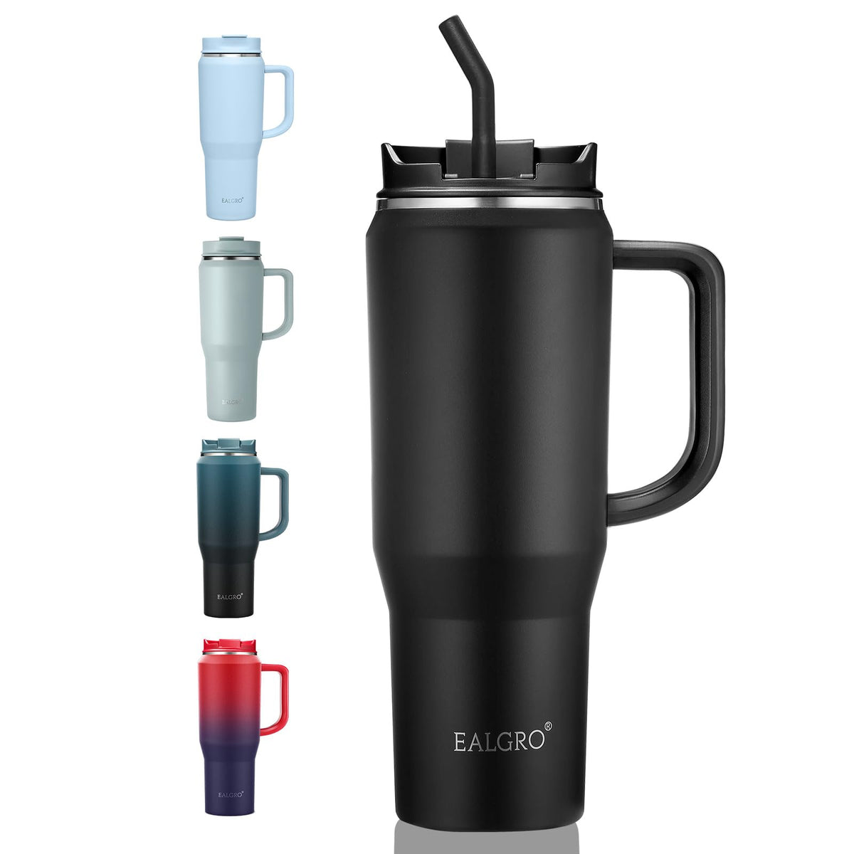 EALGRO 40 oz tumbler with handle in black, front view, easy-grip for on-the-go hydration.