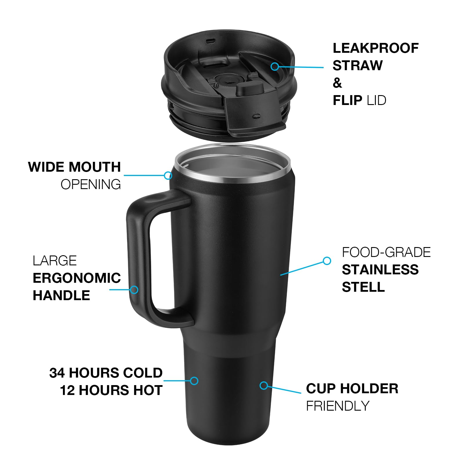 EALGRO 40 oz tumbler with handle in black, side view, slim profile for travel.
