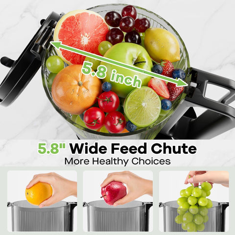 EanOruus juicer with 5.8-inch feed chute enabling easy whole-fruit juicing