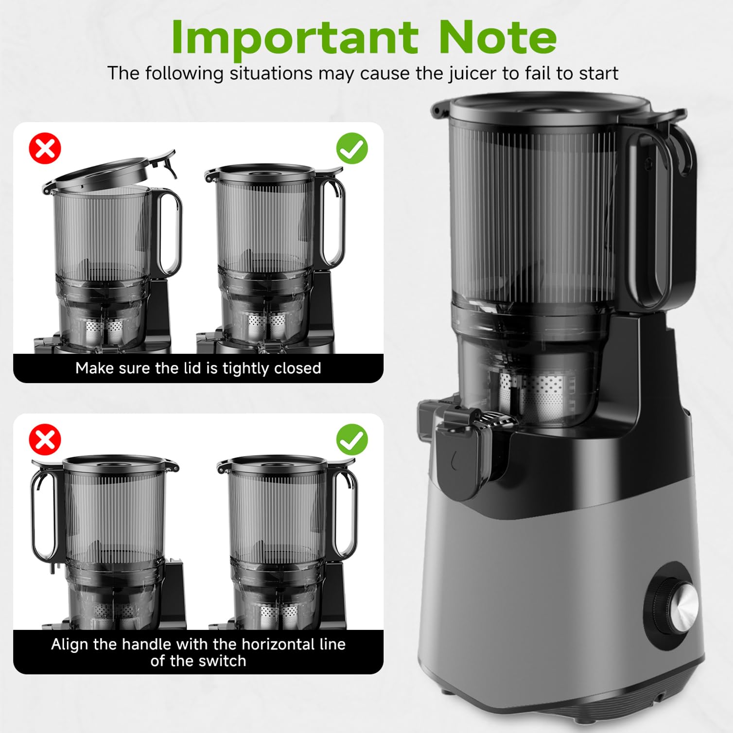 EanOruus juicer reverse mechanism clears clogs during fibrous juicing