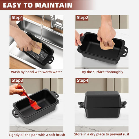 EAOENLS cast iron loaf pan with curved handle for a secure grip during transfer.