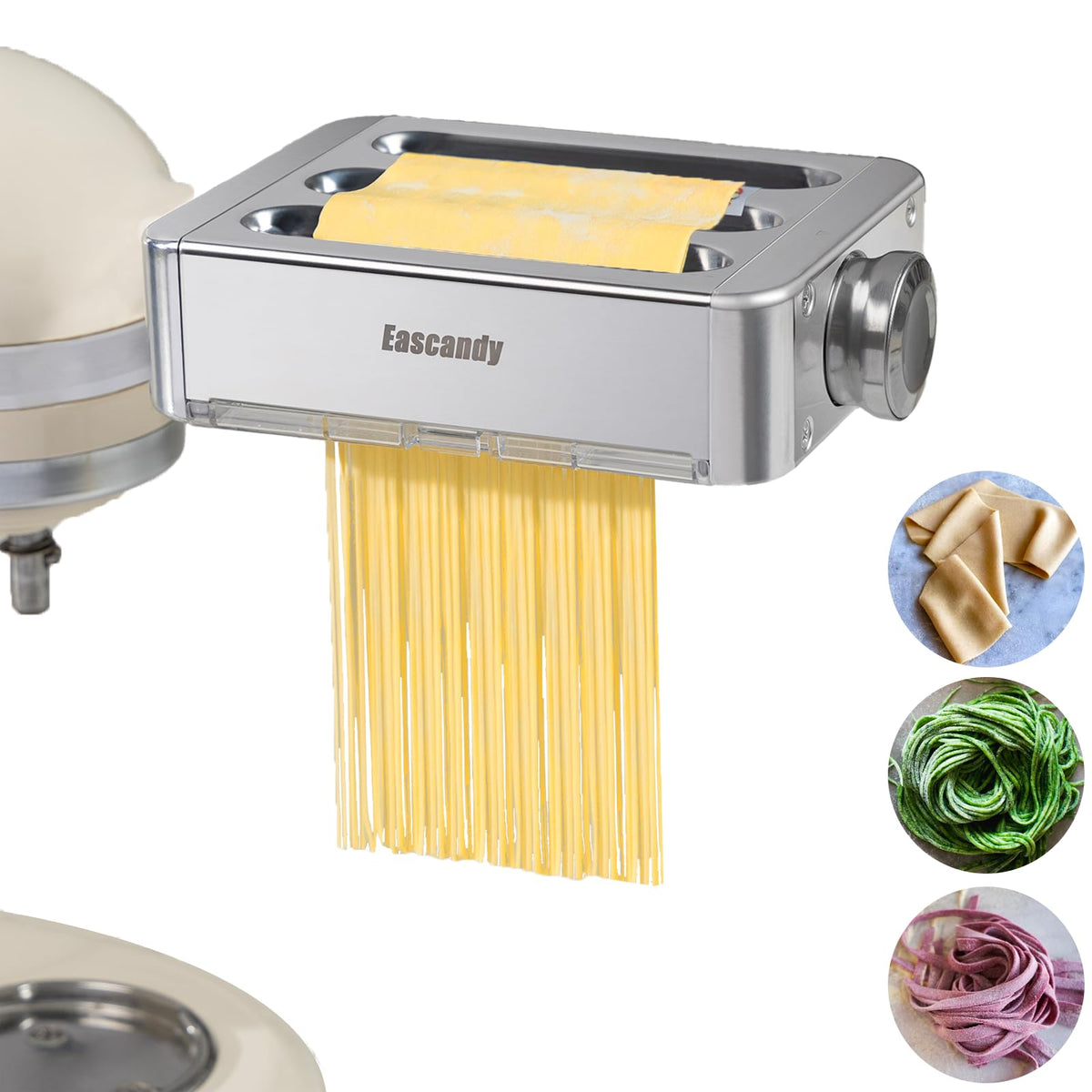 Eascandy all-metal pasta attachment front view, durable for smooth sheet rolling.