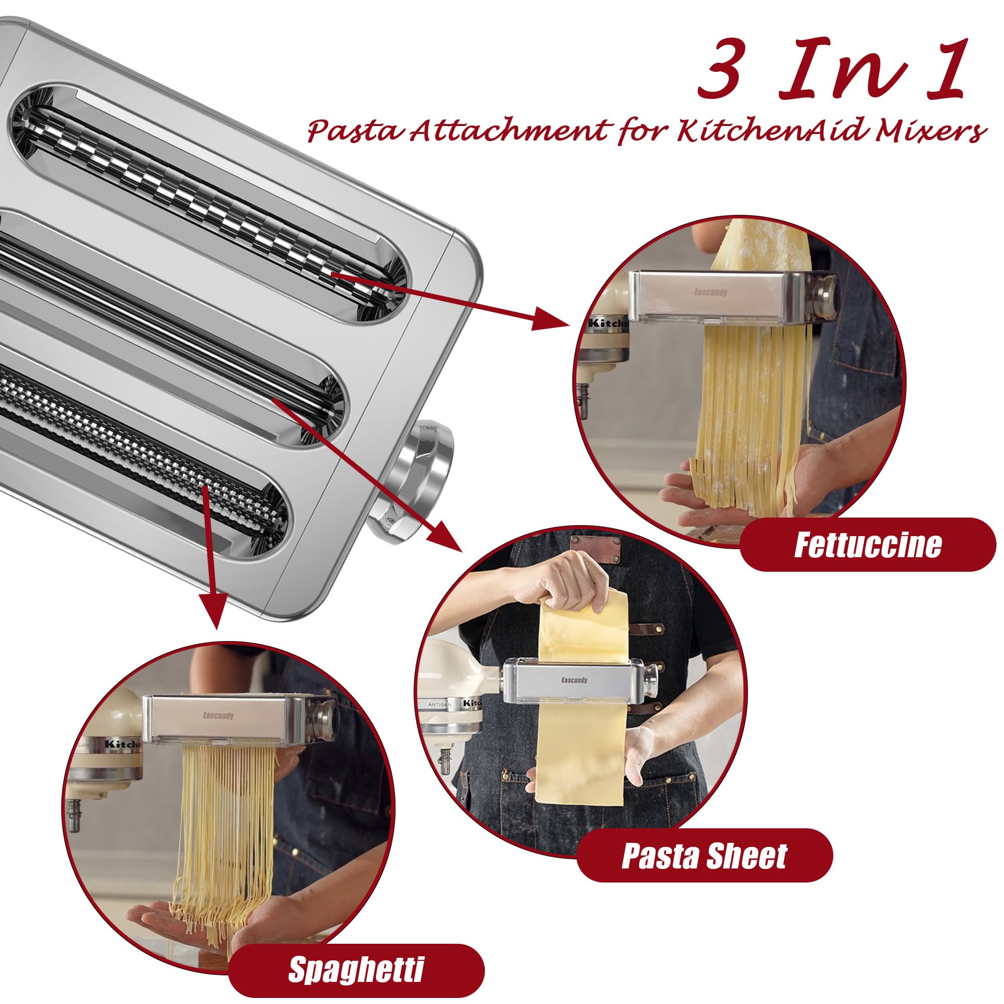 Eascandy all-metal pasta attachment side view, robust gearing for consistent thickness.