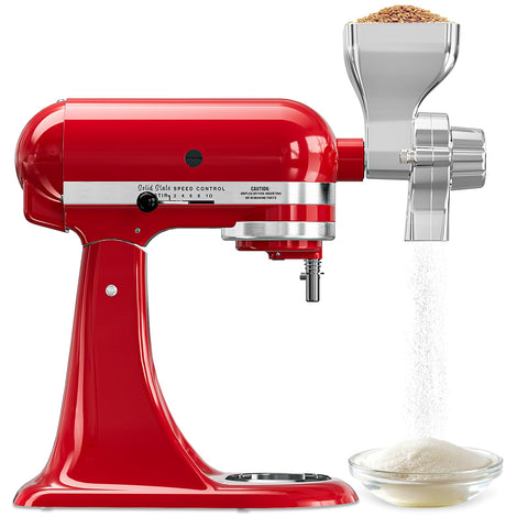 Eascandy metal grain mill attachment mounted on KitchenAid for convenient home milling.