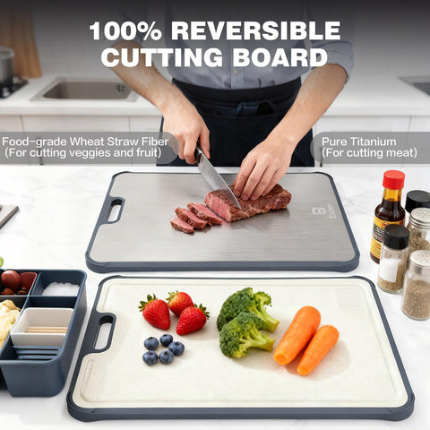 Easierr titanium double-sided design showing meat surface and produce surface for versatile prep.