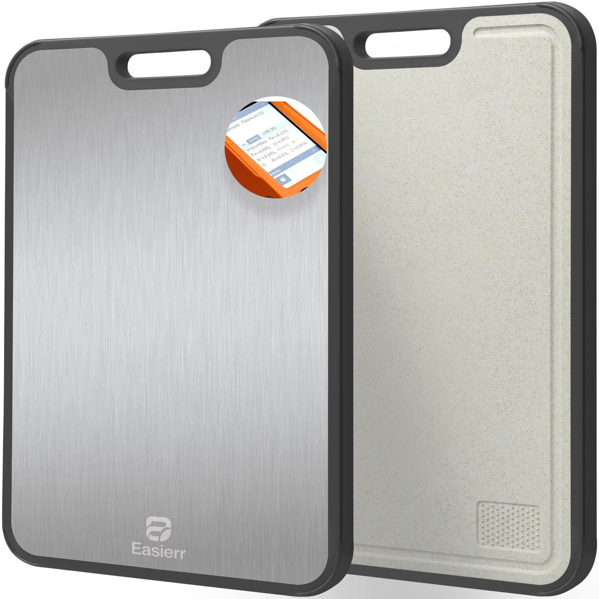 Easierr titanium cutting board top view with juice groove for mess-free chopping.