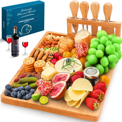 Easoger cheese board with magnetic knife holder keeps knives upright and accessible.