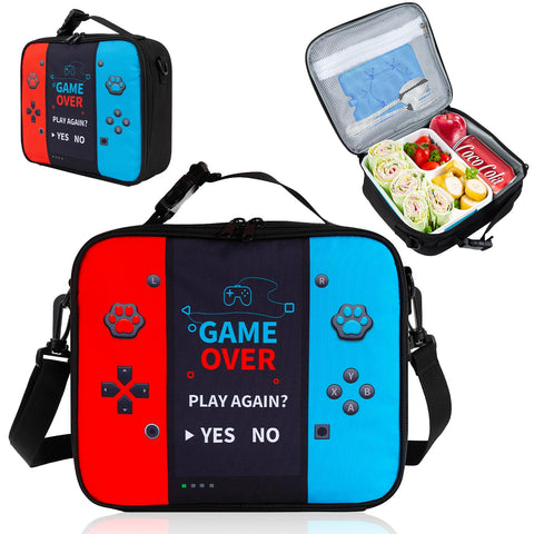 Easozoom game-console lunch bag front design in bold colors for school days.