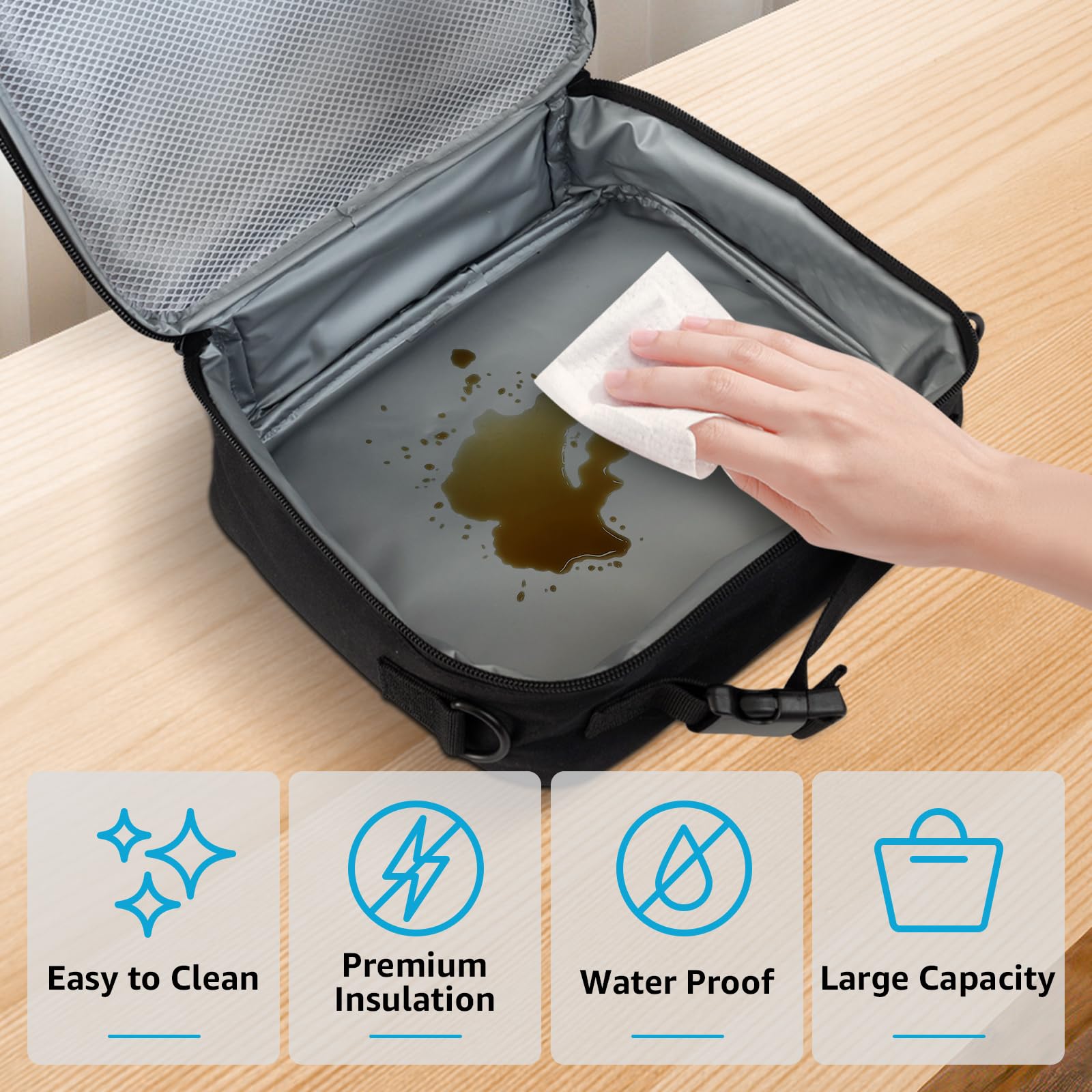 Waterproof PEVA lining keeps lunch fresh and easy to wipe clean.
