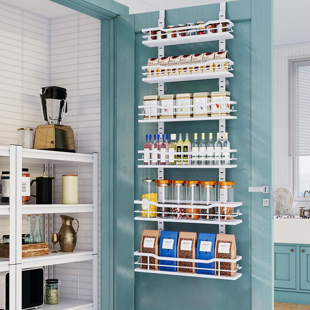 Eastherry over-the-door pantry organizer 6-tier maximizes spice and jar storage.