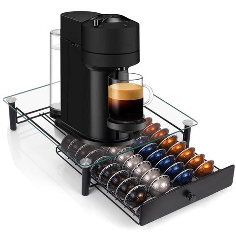 Eastsign tempered-glass Vertuo pod drawer under the coffee maker displaying 40 pods
