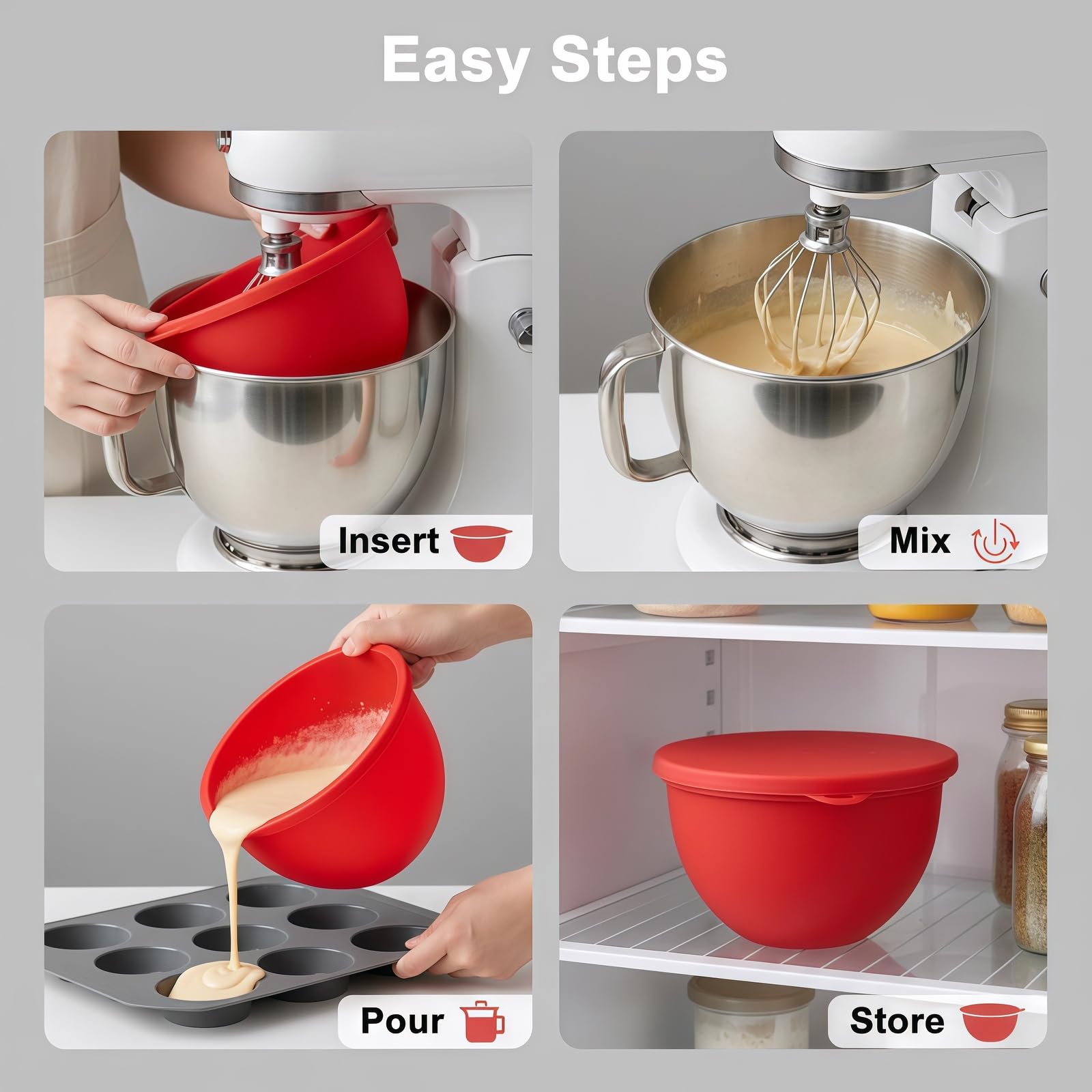 Easy-clean silicone insert reduces countertop clutter during recipe changes.
