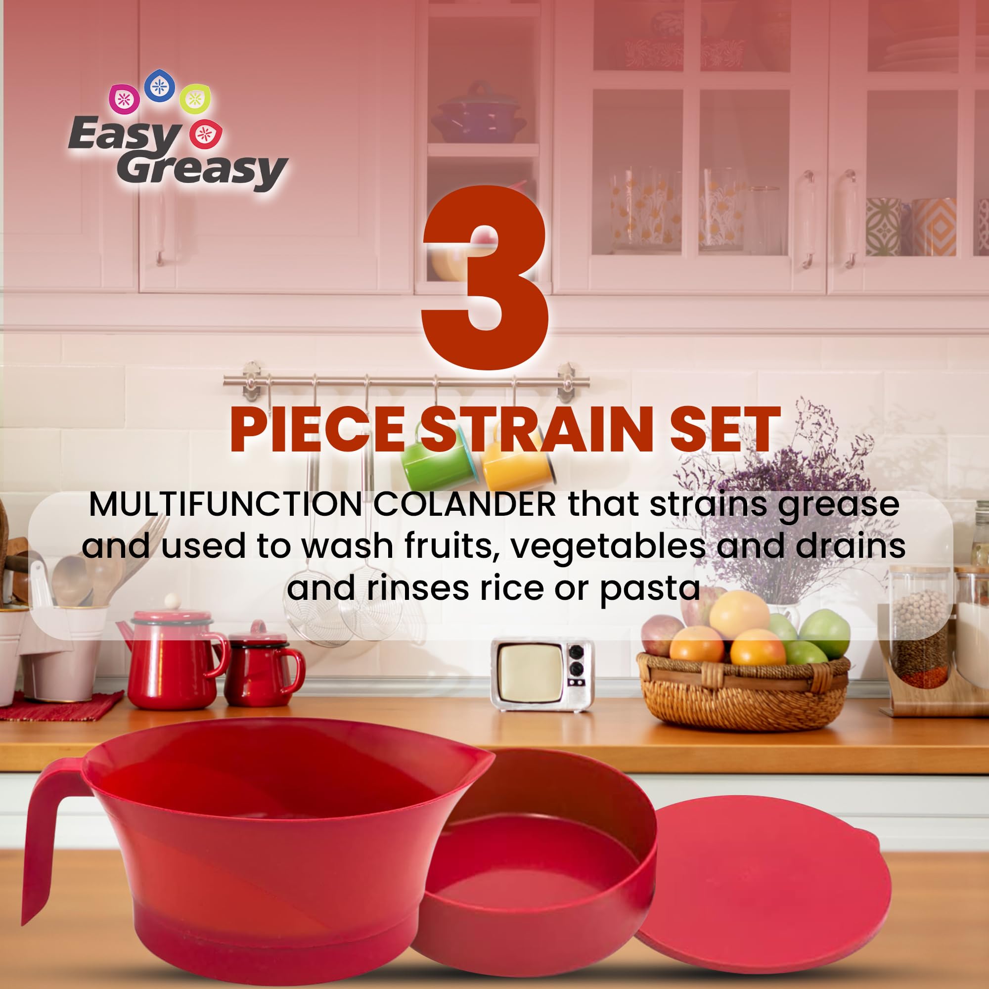 Easy Greasy colander with self-draining base keeps grease separated