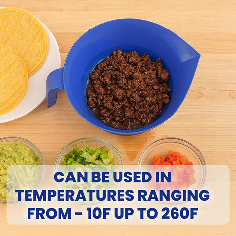Easy Greasy heat-resistant plastic colander shown in kitchen setting.