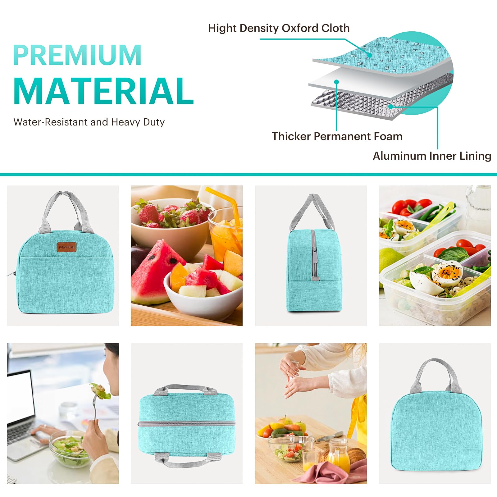 EasyFUN lunch bag measures 11.5 by 7 by 8.5 inches for ample space.