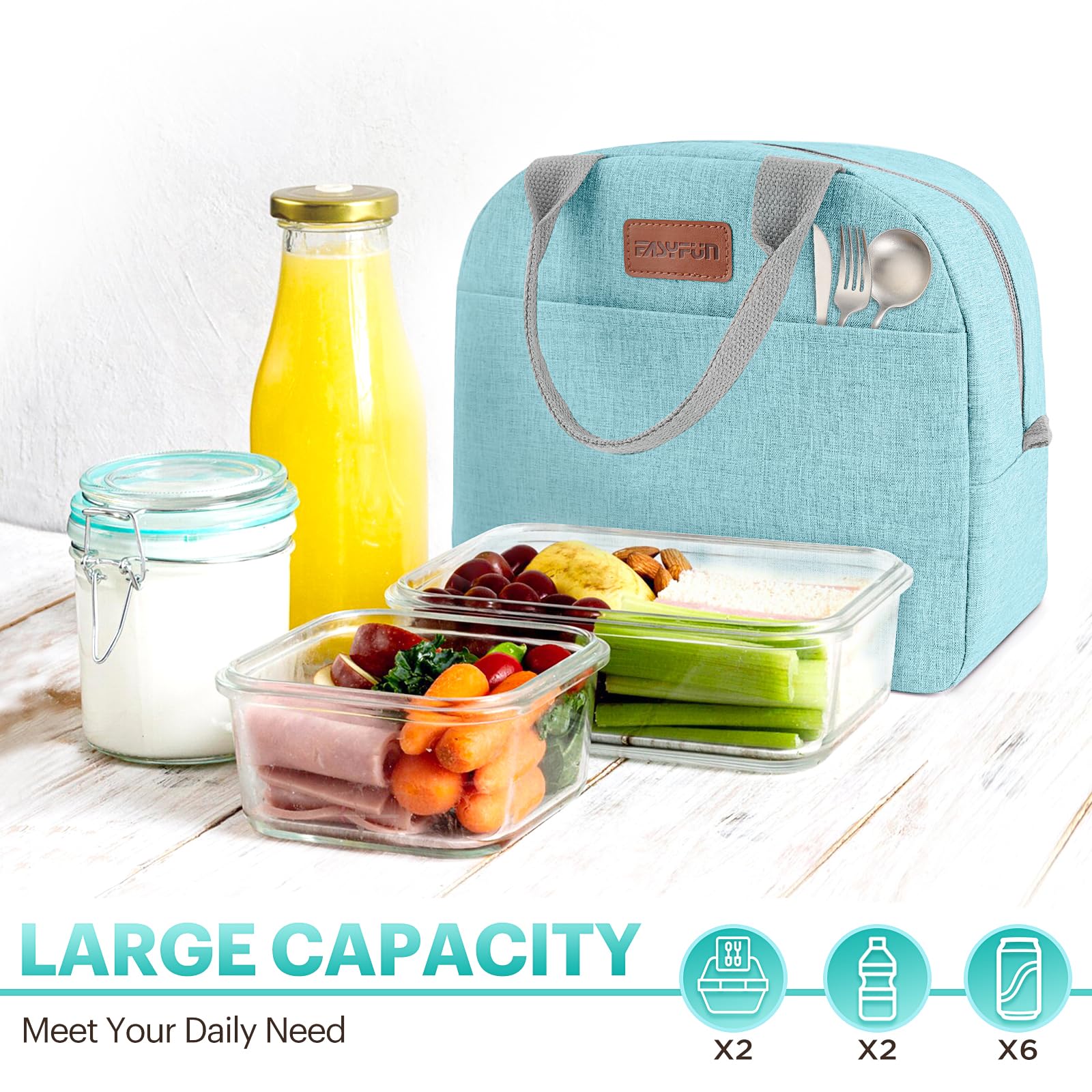 EasyFUN lunch bag front zipper pocket holds keys and chargers on the go.