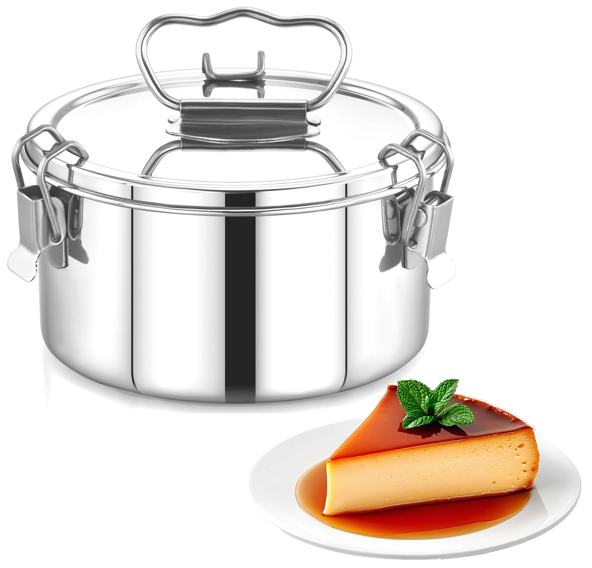 EasyShopForEveryone stainless steel flan pan with 6x6 exterior and even heat.