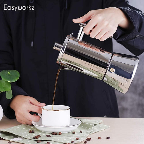 Easyworkz Diego dishwasher-safe moka pot simplifies cleaning after rich brews.