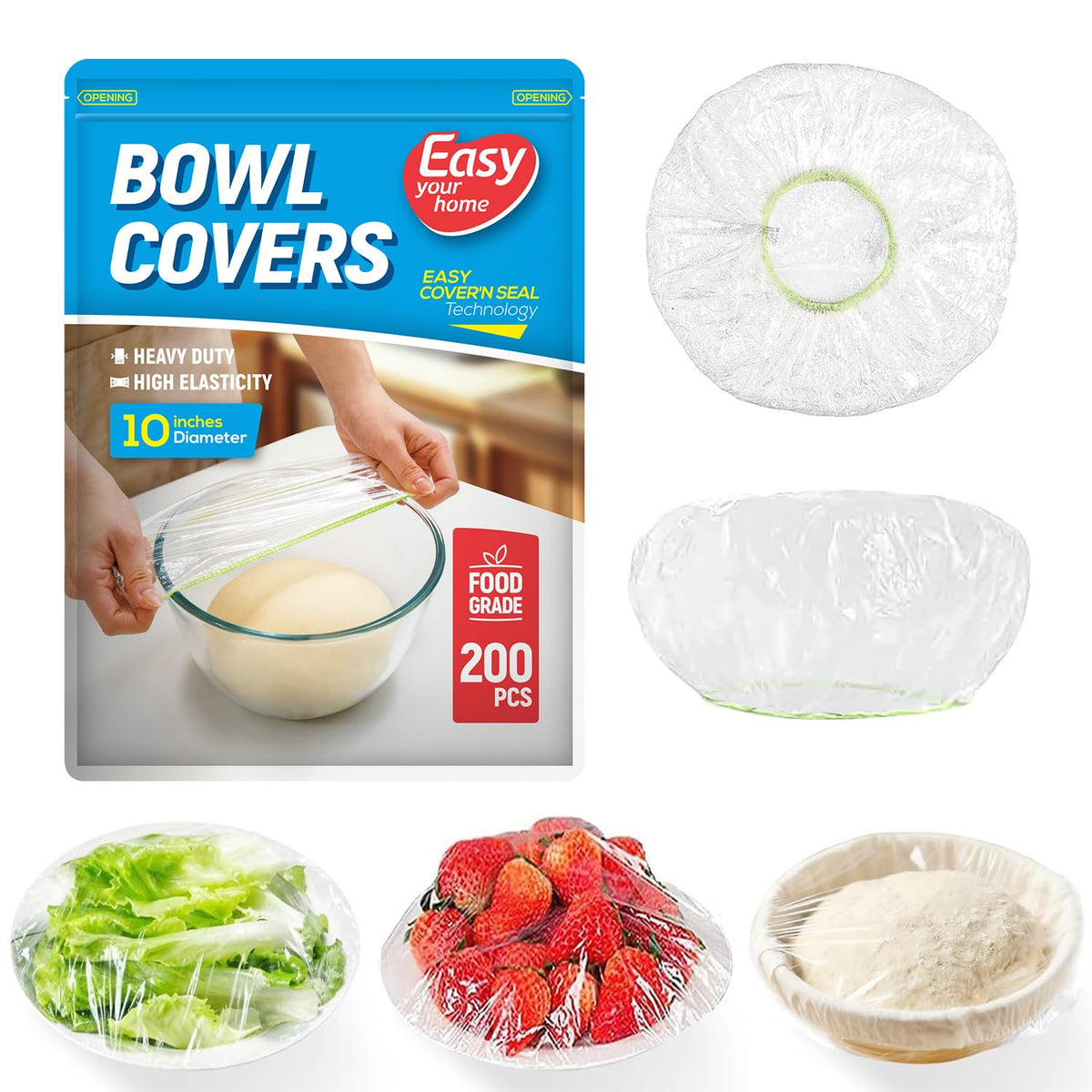 EASYYOURHOME 10-inch bowl cover with elastic edge over a bowl keeps food fresh