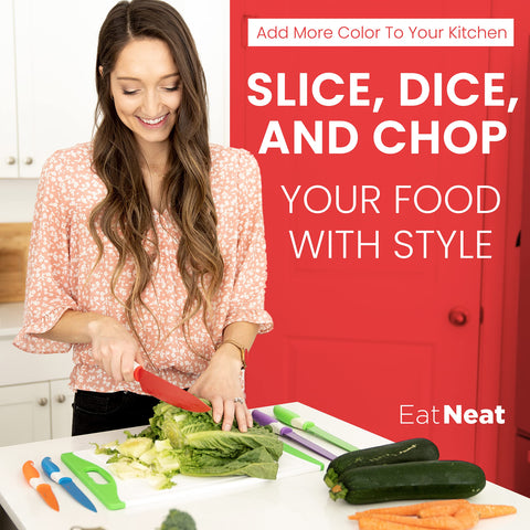 EatNeat 12-Piece Carving Knife with color sheath for even slices.