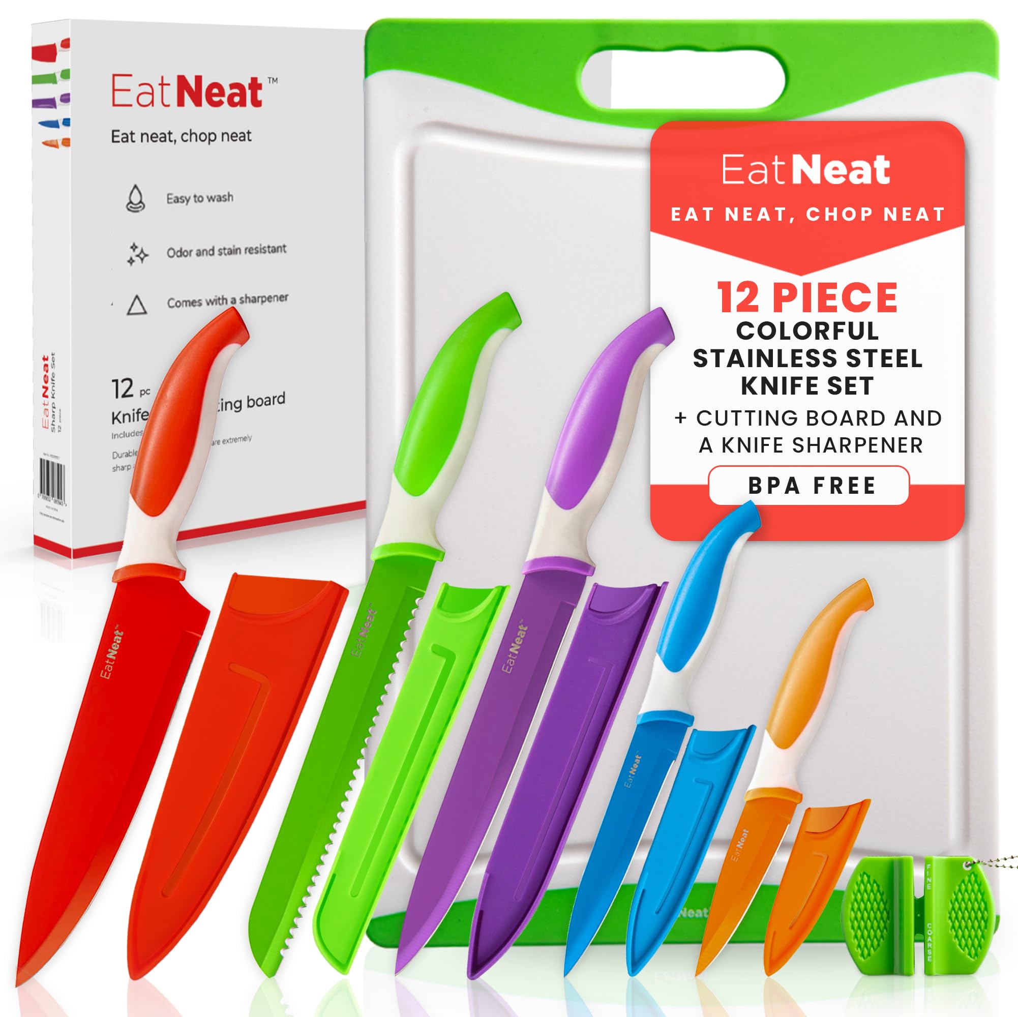 EatNeat 12-Piece Chef Knife with color sheath for safe, precise slicing.