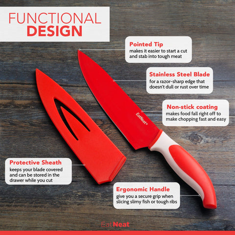 EatNeat color-coded sheath protects fingers during prep.