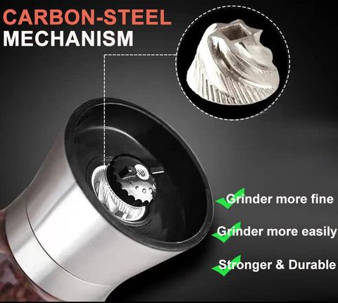 Ebaco pepper grinder with clear glass body for easy refill visibility.