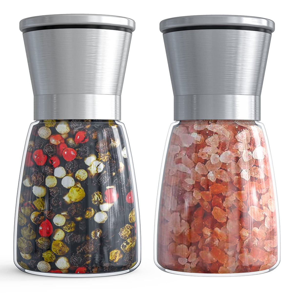 Ebaco salt and pepper grinder set with glass body for easy refills.