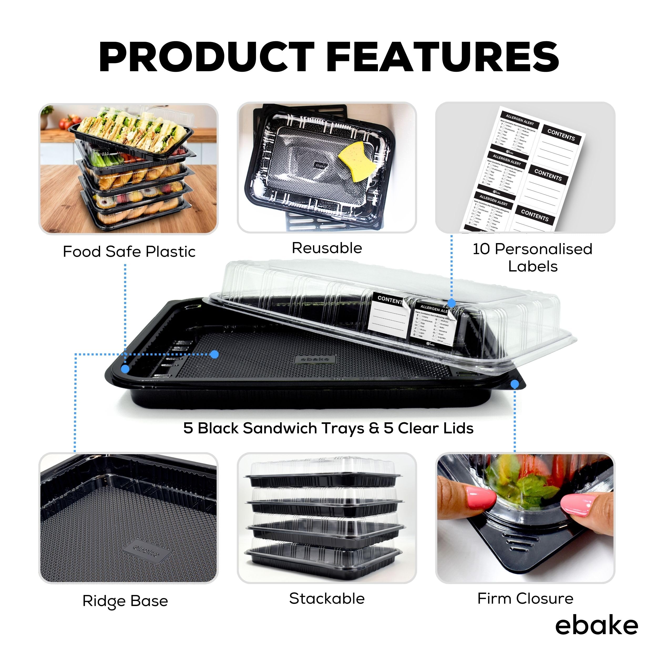 ebake food-grade plastic trays ensure safe handling of sandwiches and snacks.