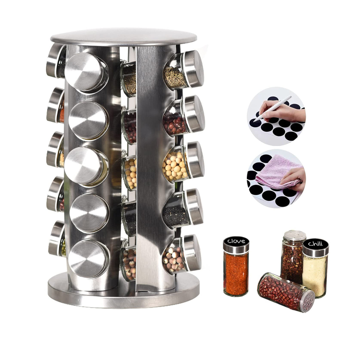 EBIZ&TECH 20-Jar rotating spice rack with 360-degree access for quick cooking.