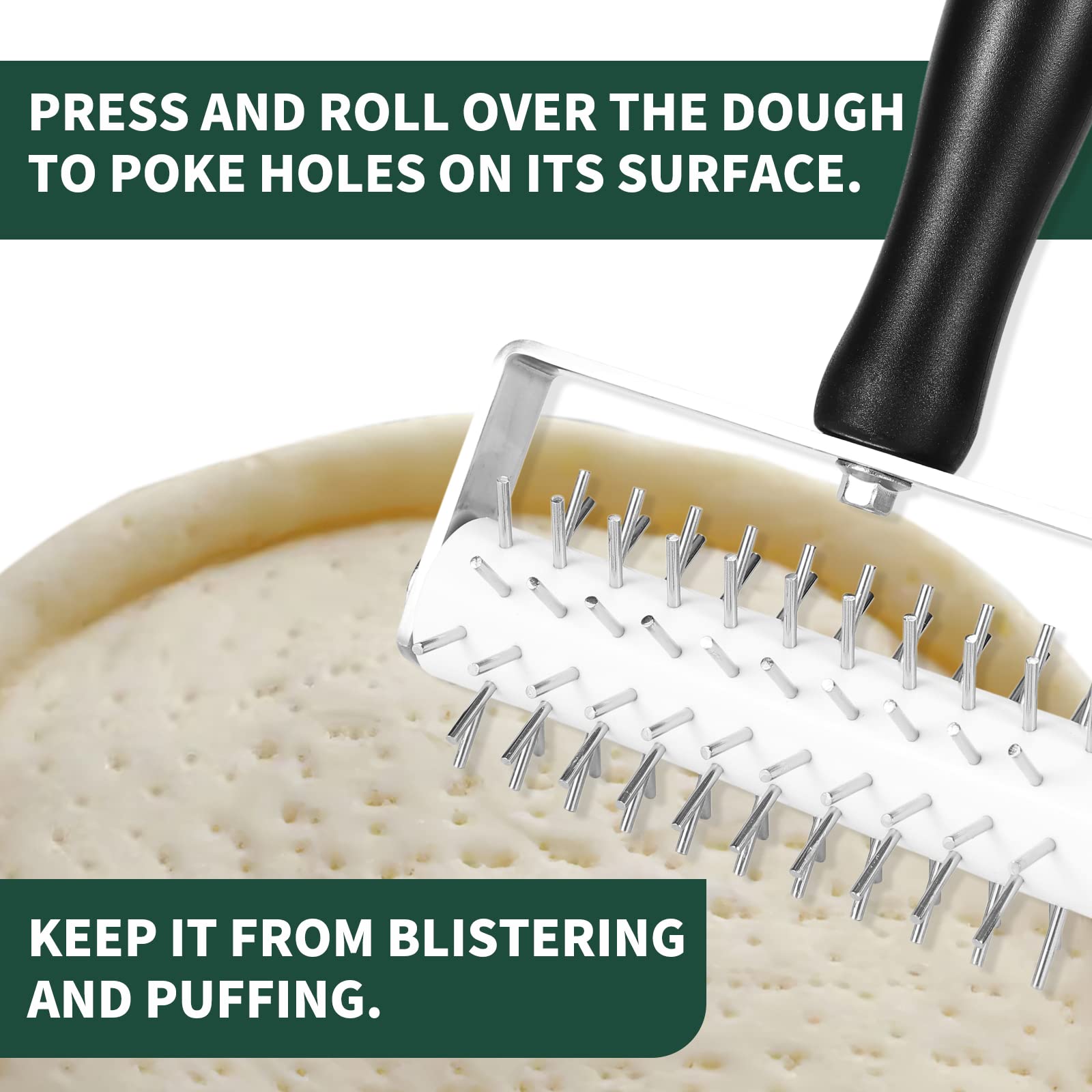 Ecavria dough roller with stainless spikes speeds hole-poking for evenly baked crusts.