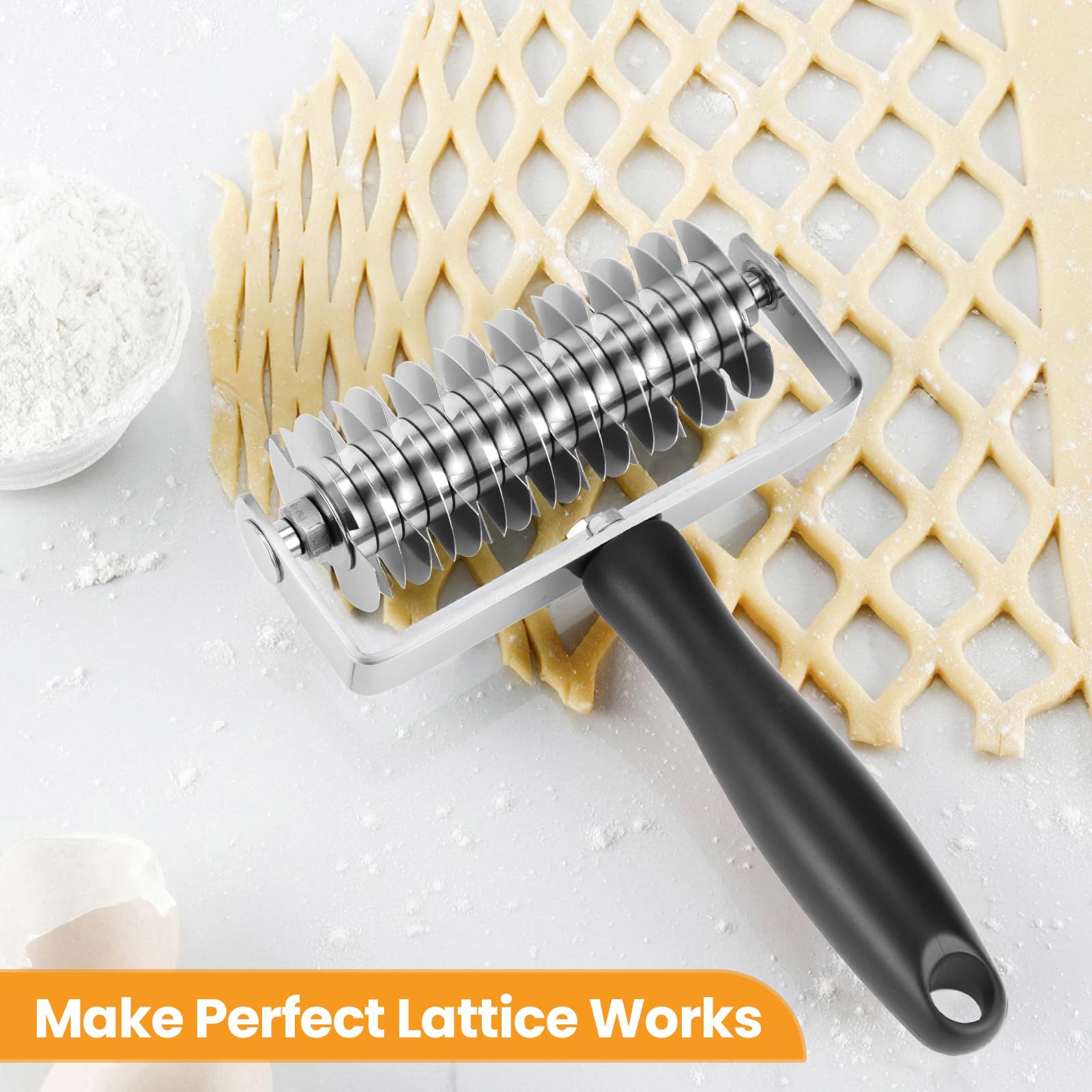 Ecavria lattice roller close-up blades delivering clean cuts for professional pastry work.
