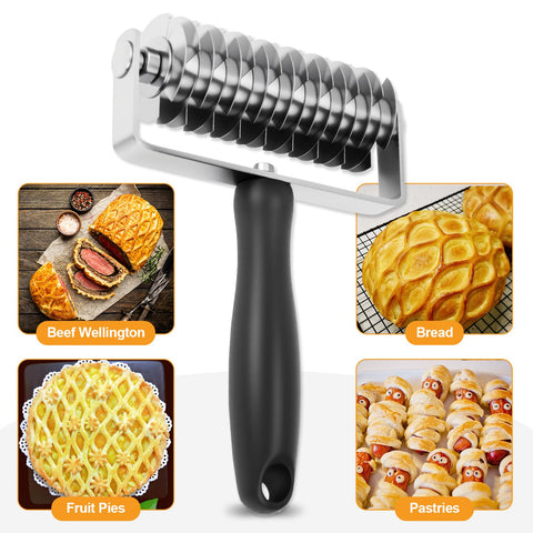 Ecavria lattice roller in use on a pie, showing even decorative lattice results.