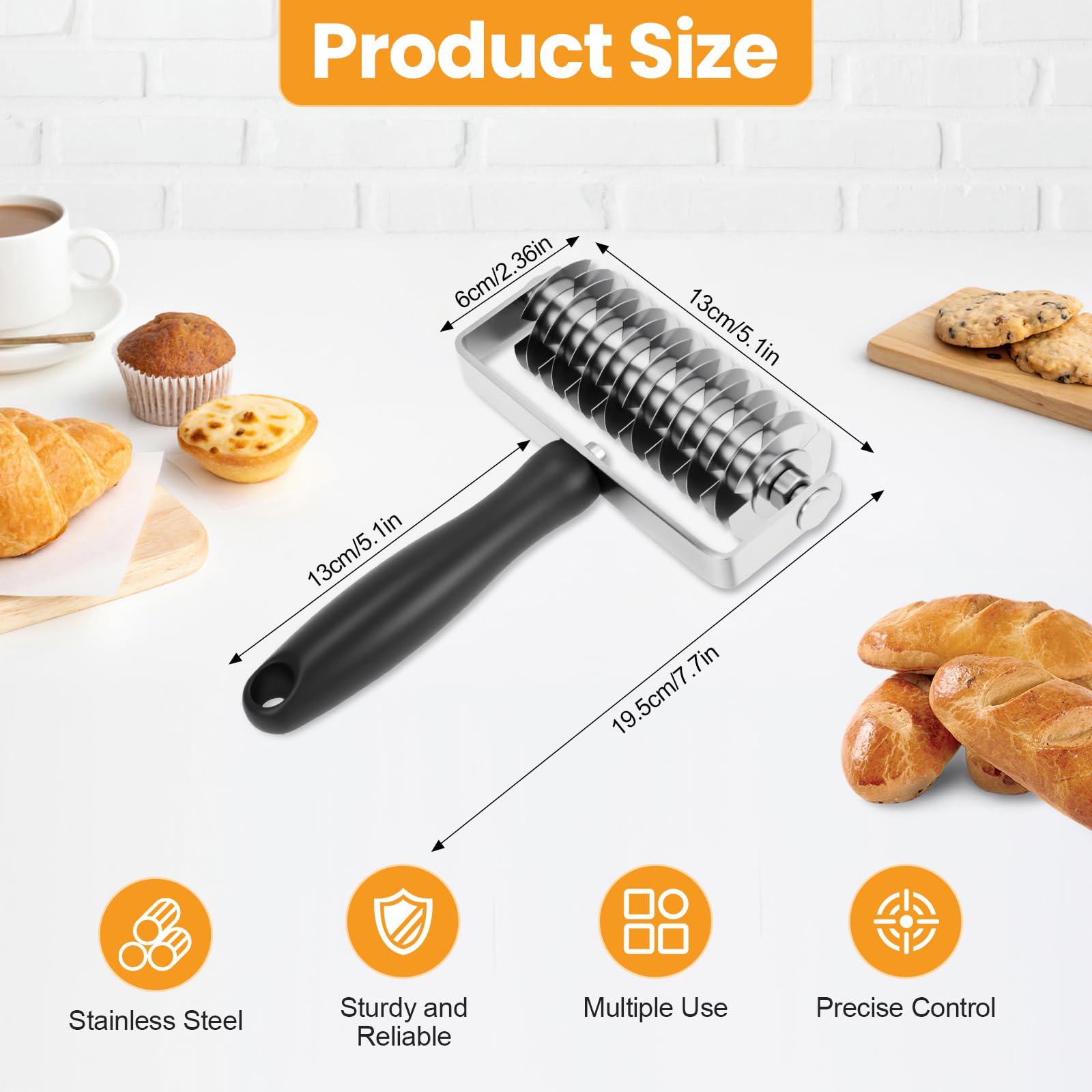 Ecavria pastry lattice roller close-up crust, highlighting premium stainless steel blades.