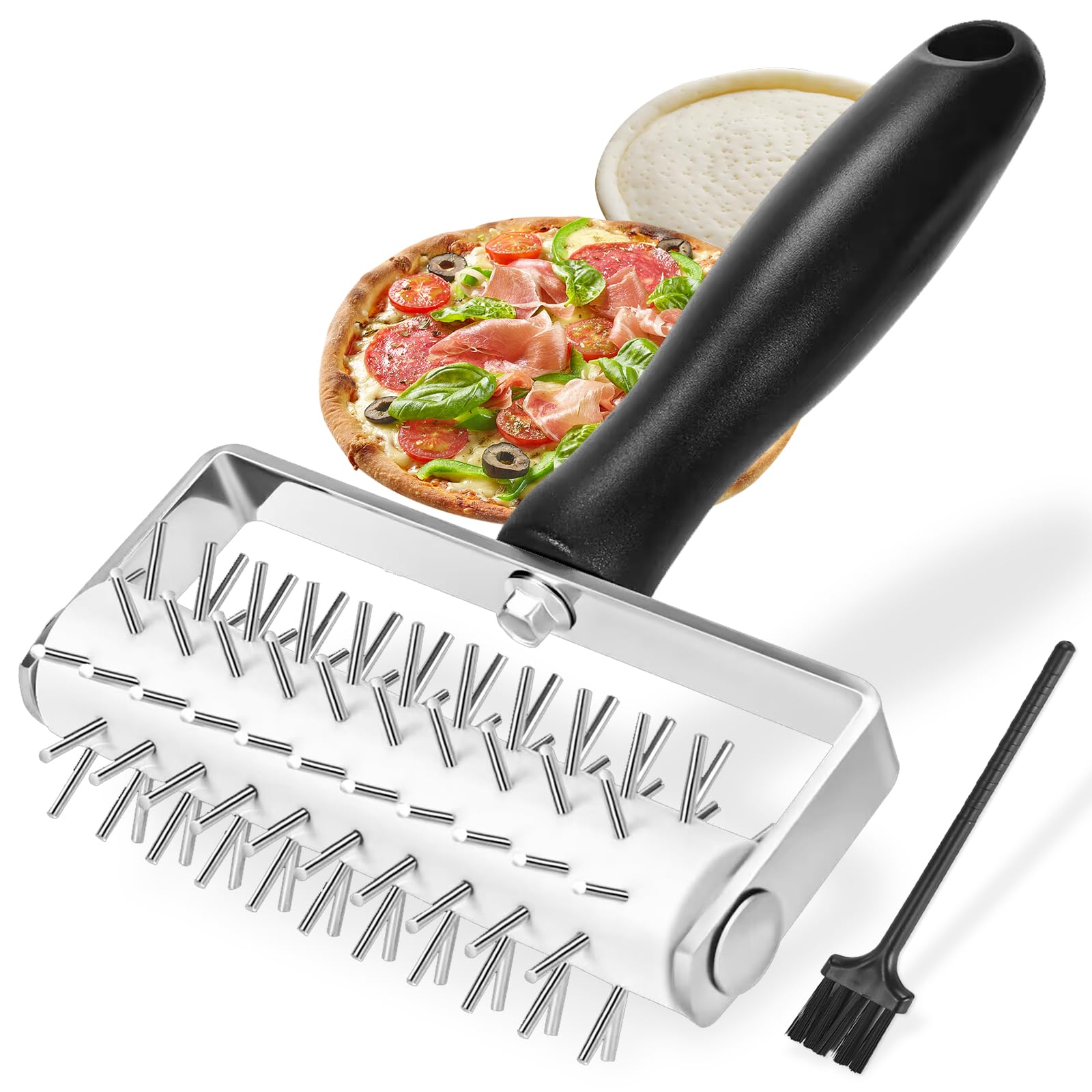 Ecavria pizza dough docker with stainless steel spikes for quick, even crust docking.