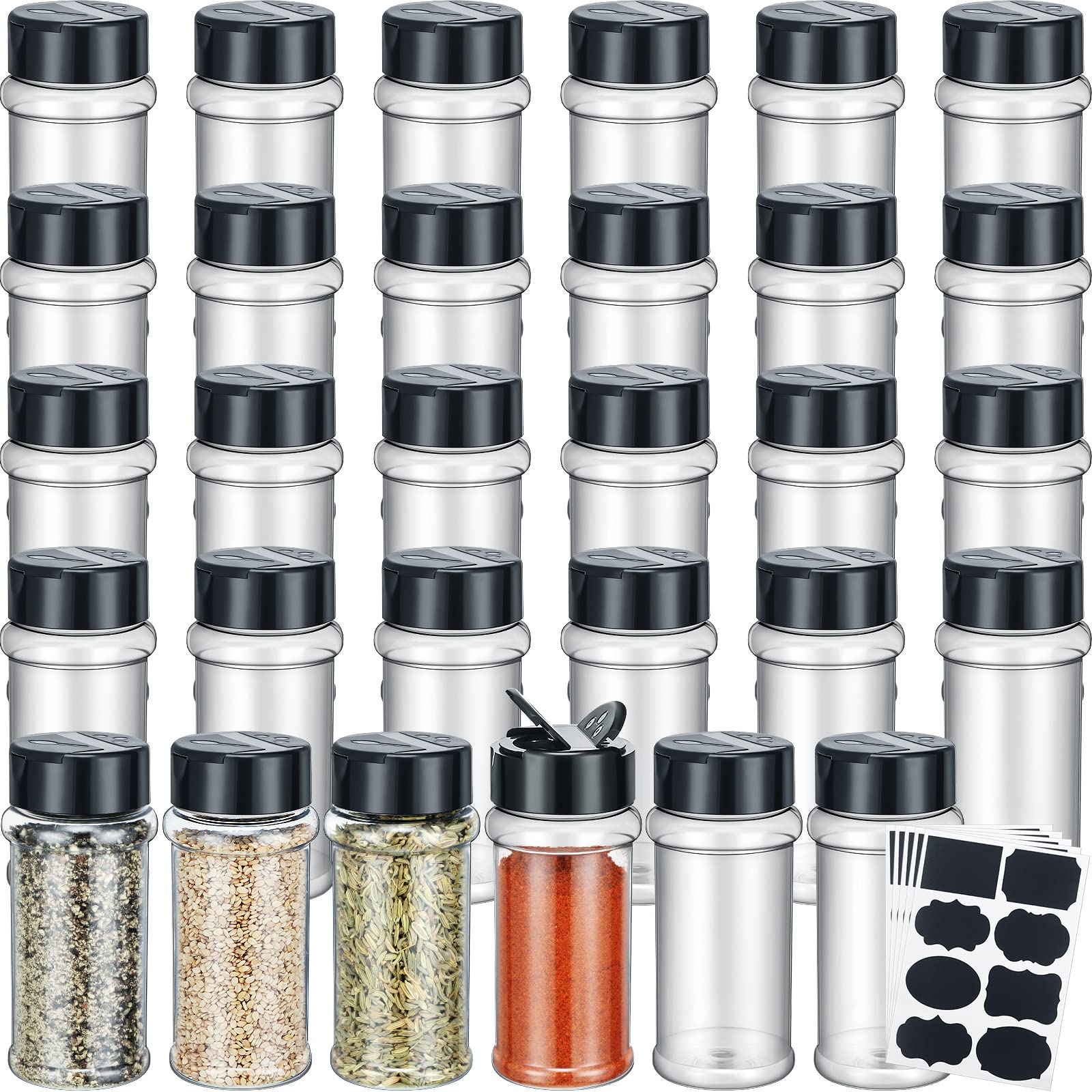 Eccliy 36-pack spice jars with labels for organized kitchen storage.