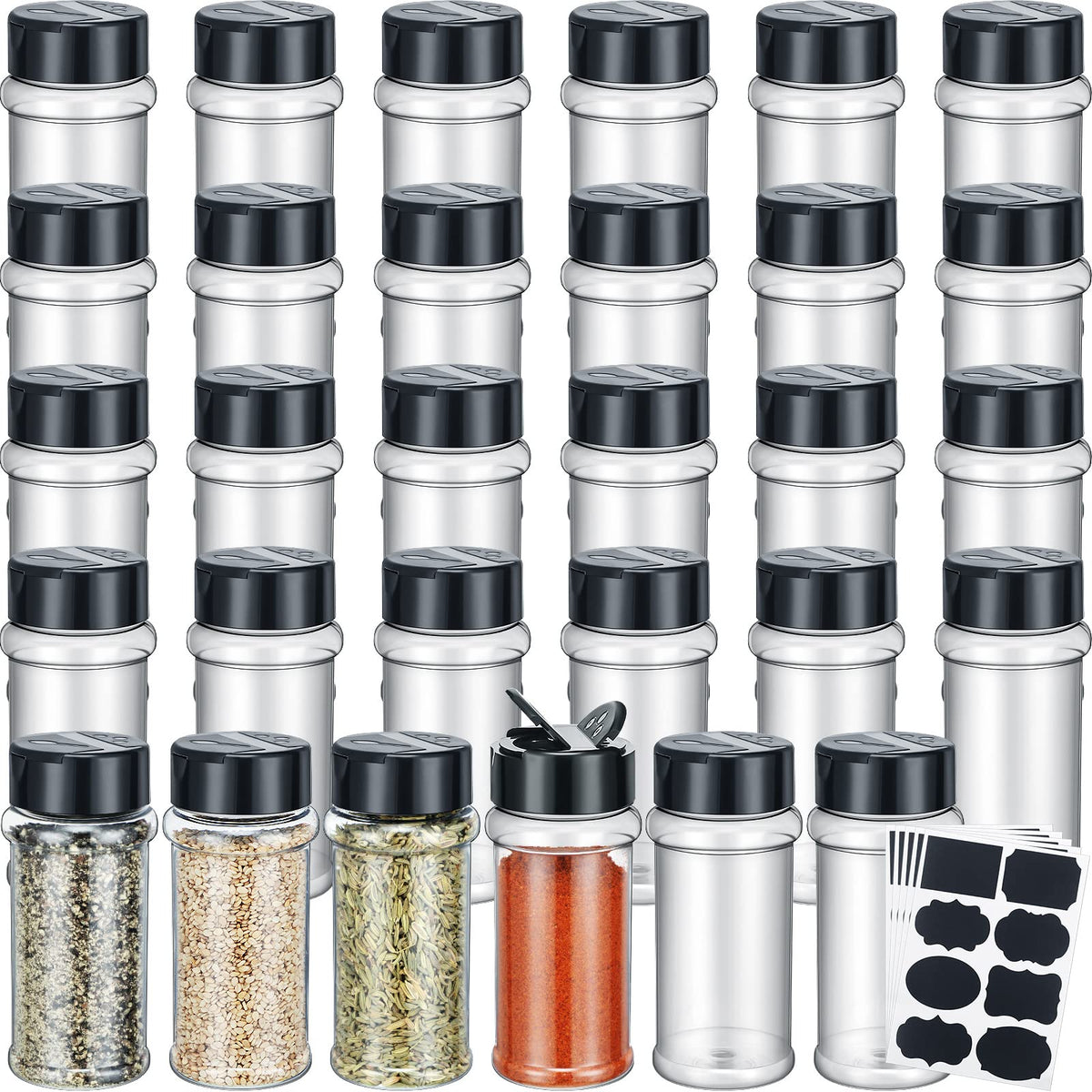 Eccliy 36-pack spice jars with labels for organized kitchen storage.
