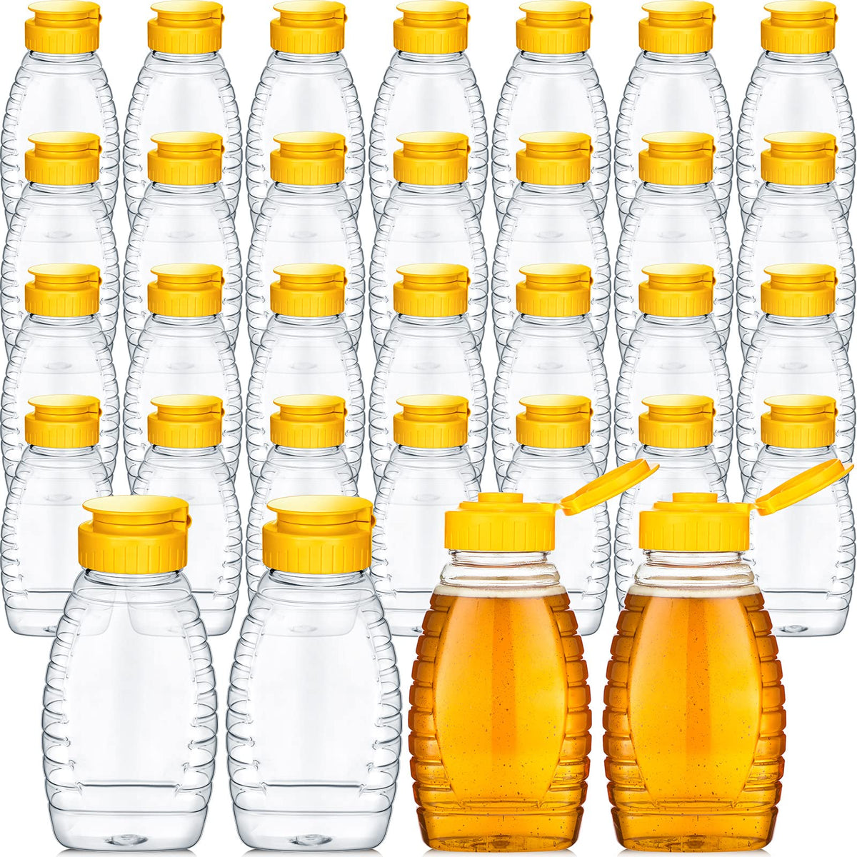Eccliy honey jar with clear body and yellow cap for easy honey dispensing at home.