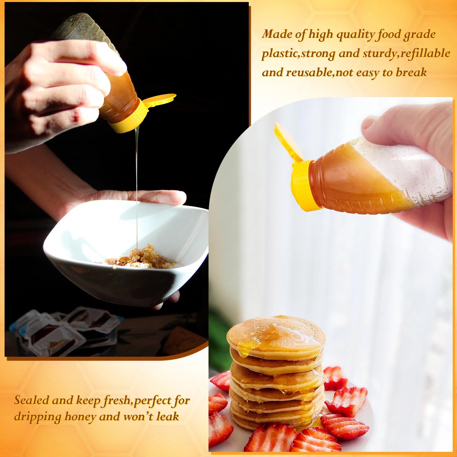 Eccliy flip lid design provides quick pouring options for syrups and honey.